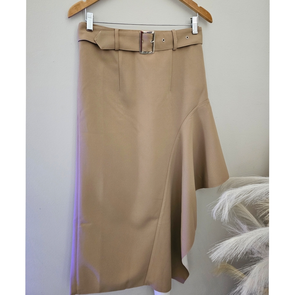 Modern J.Ing Limited Tan Asymmetrical Ruffle Belted Maxi Skirt